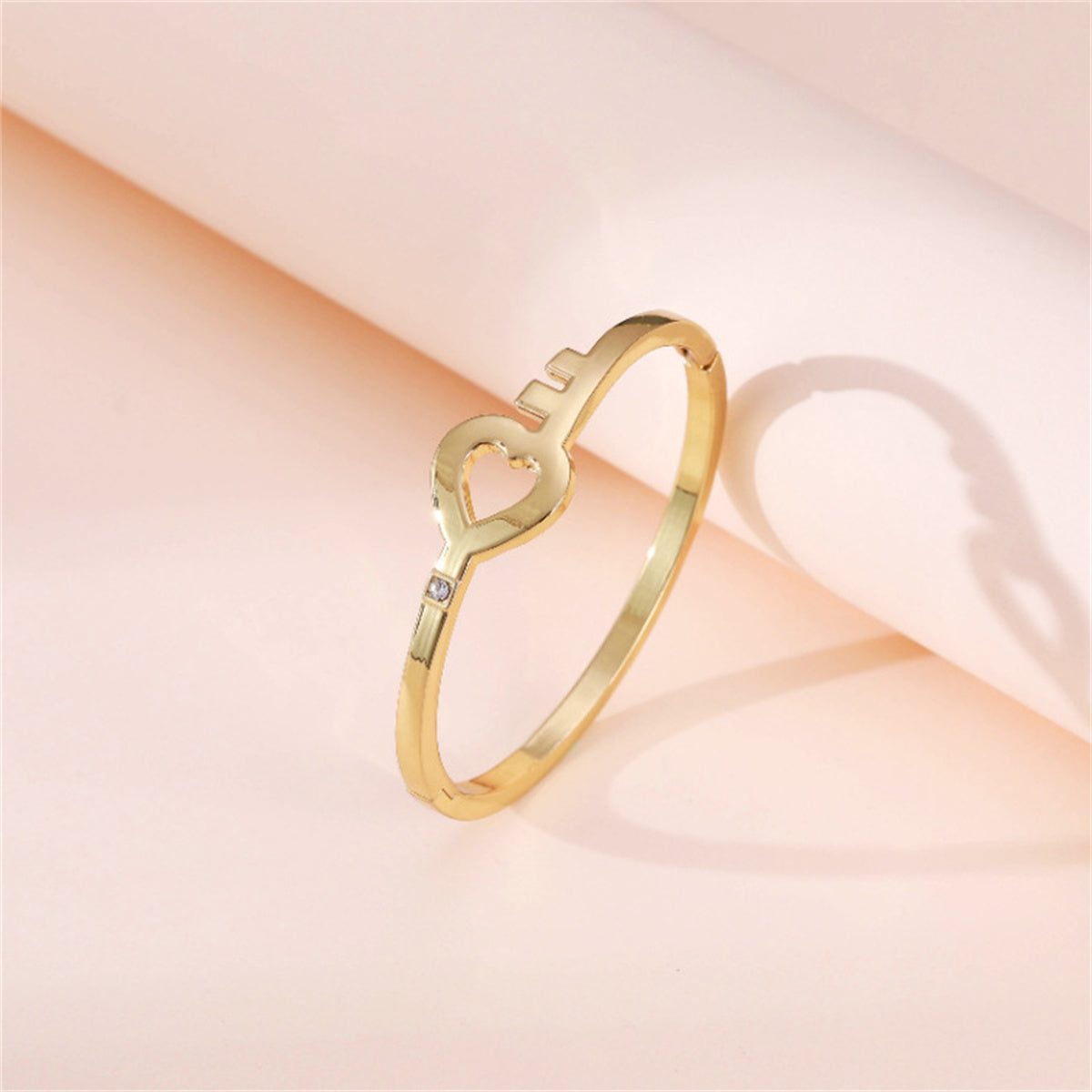 Cubic Zirconia and 18K Gold-Plated Openwork Key Heart Hinge Bangle, gold bangle bracelet, everyday style, side view