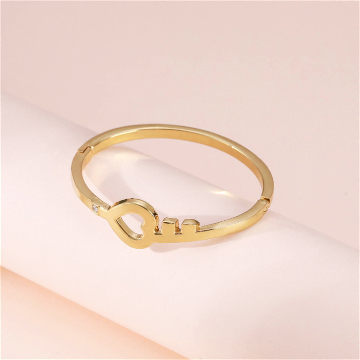Cubic Zirconia and 18K Gold-Plated Openwork Key Heart Hinge Bangle, gold bangle bracelet, everyday style, detail close-up