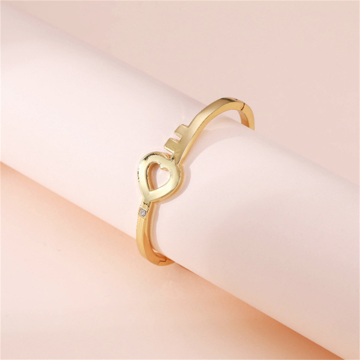 Cubic Zirconia and 18K Gold-Plated Openwork Key Heart Hinge Bangle, gold bangle bracelet, everyday style, lifestyle look