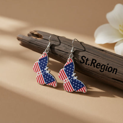 Red and Blue Acrylic Silver-Plated American Flag Butterfly Drop Earrings, silver drop earrings for women, front view