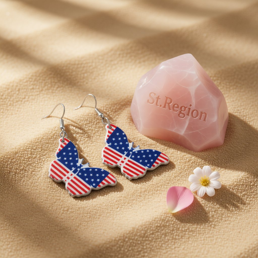 Red and Blue Acrylic Silver-Plated American Flag Butterfly Drop Earrings, silver drop earrings for women, detail close-up