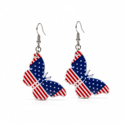 Red and Blue Acrylic Silver-Plated American Flag Butterfly Drop Earrings, silver drop earrings for women, side view
