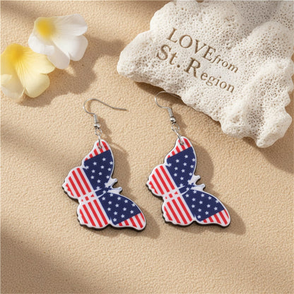 Red and Blue Acrylic Silver-Plated American Flag Butterfly Drop Earrings, silver drop earrings for women, lifestyle look