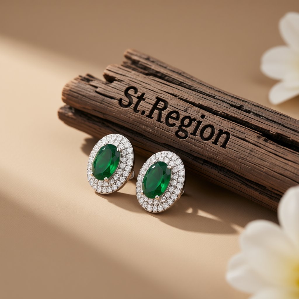 Green Crystal and Cubic Zirconia Silver-Plated Hola Oval Stud Earrings, cubic zirconia stud earrings for women, front view