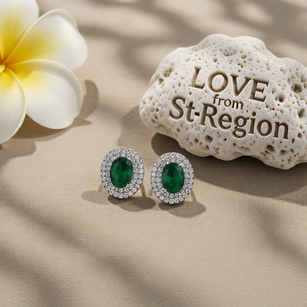 Green Crystal and Cubic Zirconia Silver-Plated Hola Oval Stud Earrings, silver stud earrings for women, lifestyle look