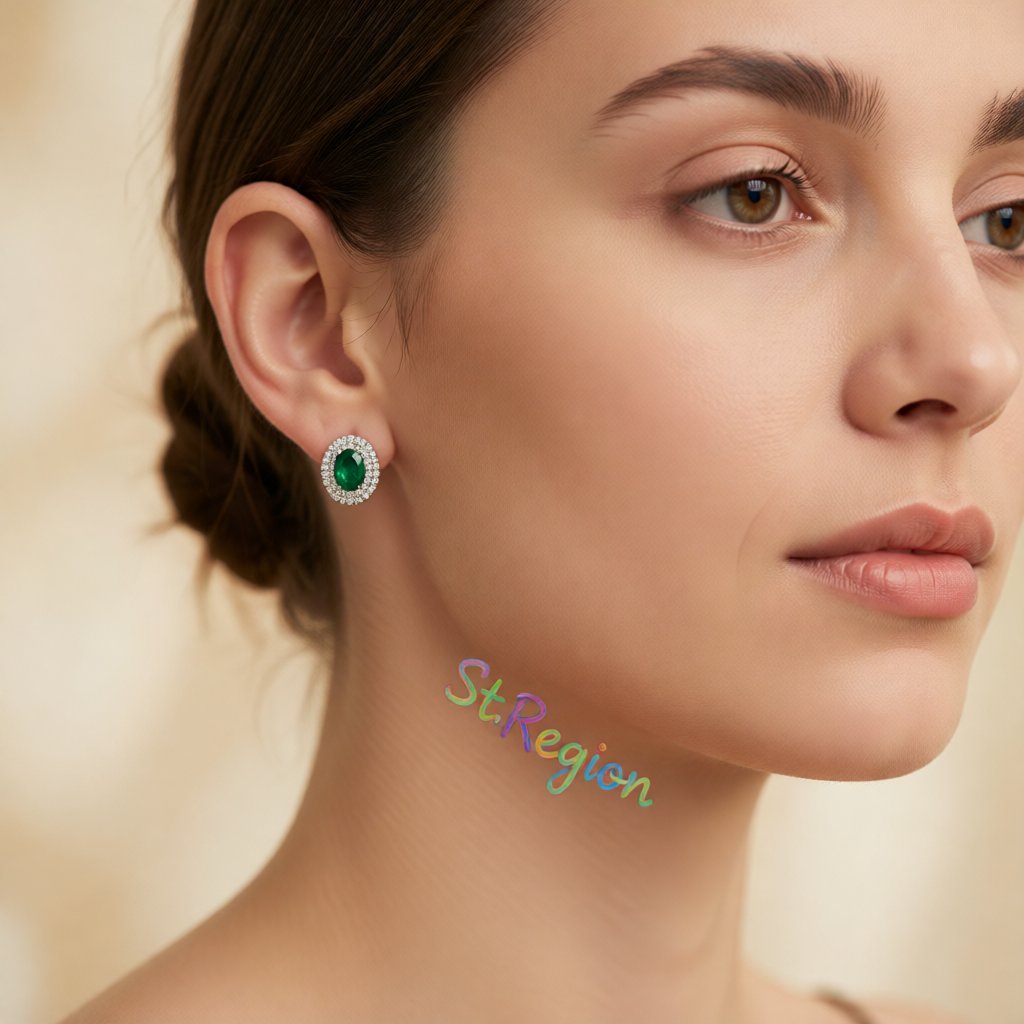 Green Crystal and Cubic Zirconia Silver-Plated Hola Oval Stud Earrings, cubic zirconia stud earrings for women, styled look