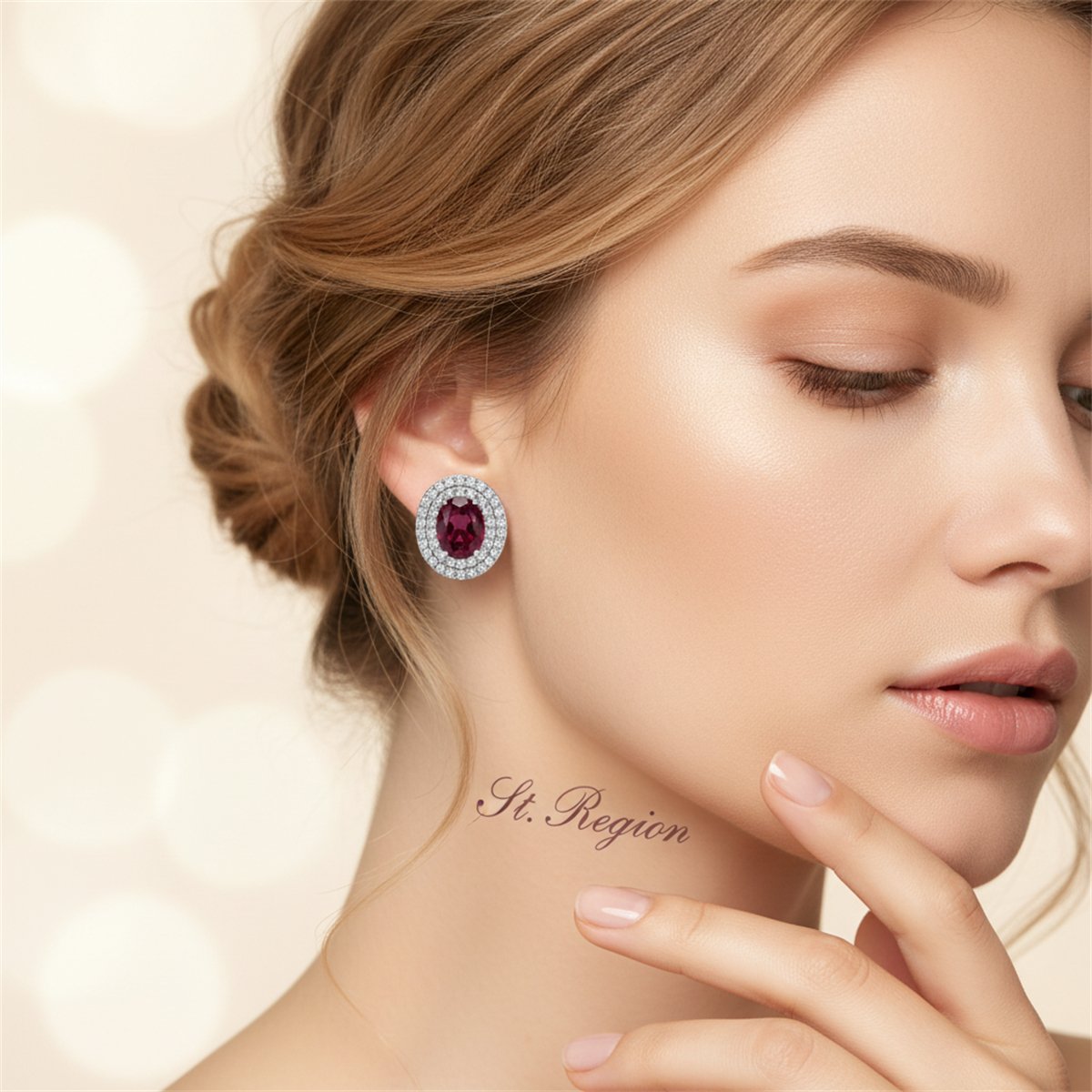 Red Crystal and Cubic Zirconia Halo Oval Stud Earrings, cubic zirconia stud earrings for women, styled look