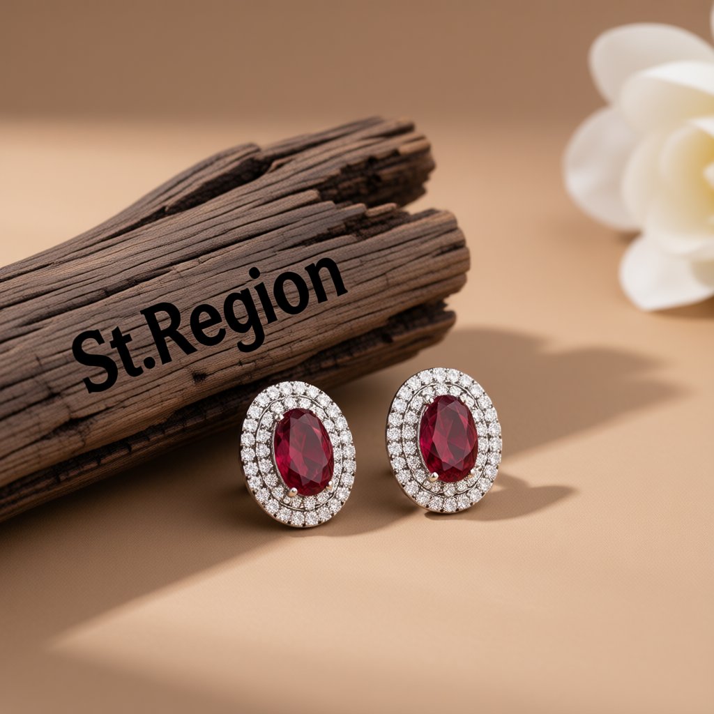 Red Crystal and Cubic Zirconia Halo Oval Stud Earrings, cubic zirconia stud earrings for women, front view