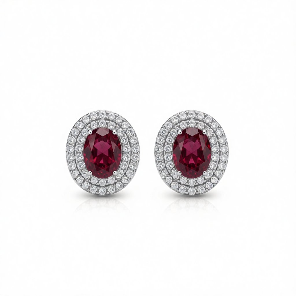 Red Crystal and Cubic Zirconia Halo Oval Stud Earrings, cubic zirconia stud earrings for women, botanical inspired, side view