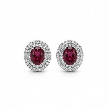Red Crystal and Cubic Zirconia Halo Oval Stud Earrings, cubic zirconia stud earrings for women, botanical inspired, side view