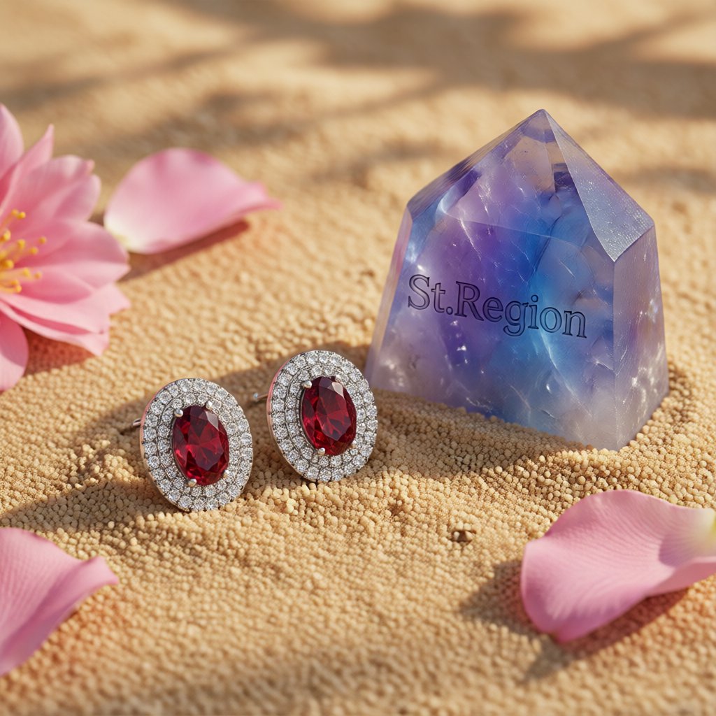 Red Crystal and Cubic Zirconia Halo Oval Stud Earrings, cubic zirconia stud earrings for women, detail close-up