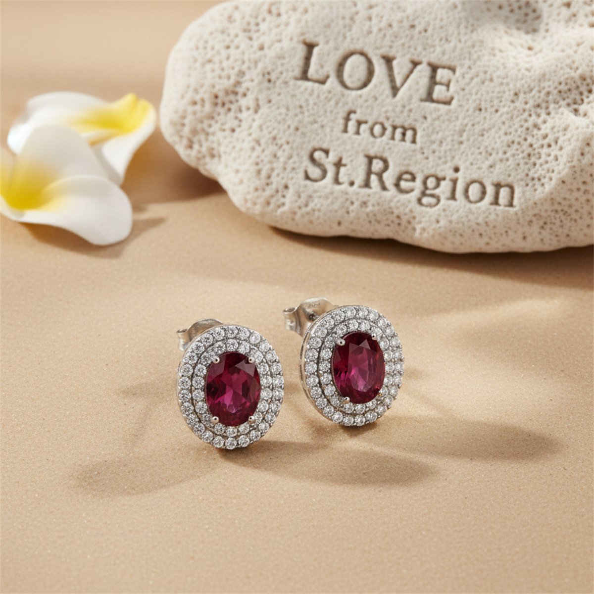 Red Crystal and Cubic Zirconia Halo Oval Stud Earrings, cubic zirconia stud earrings for women, lifestyle look