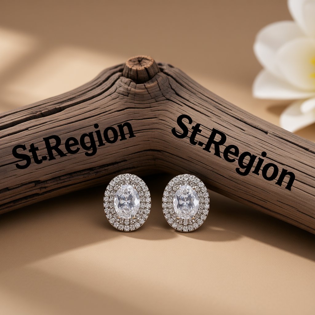 Crystal and Cubic Zirconia Halo Oval Stud Earrings, stud earrings for women, botanical inspired, front view