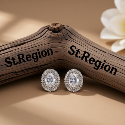Crystal and Cubic Zirconia Halo Oval Stud Earrings, stud earrings for women, botanical inspired, front view