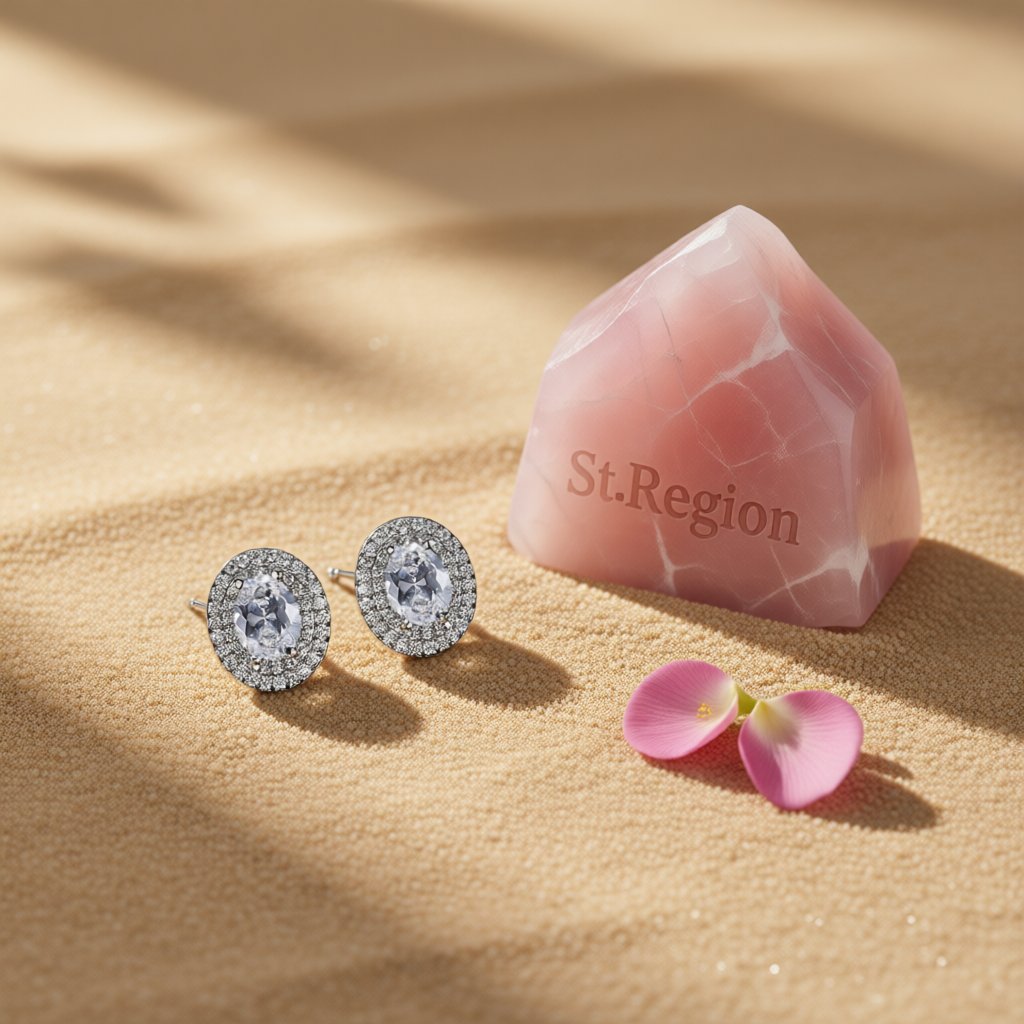 Crystal and Cubic Zirconia Halo Oval Stud Earrings, stud earrings for women, botanical inspired, detail close-up