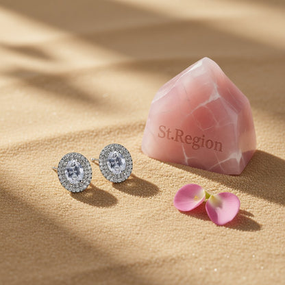 Crystal and Cubic Zirconia Halo Oval Stud Earrings, stud earrings for women, botanical inspired, detail close-up
