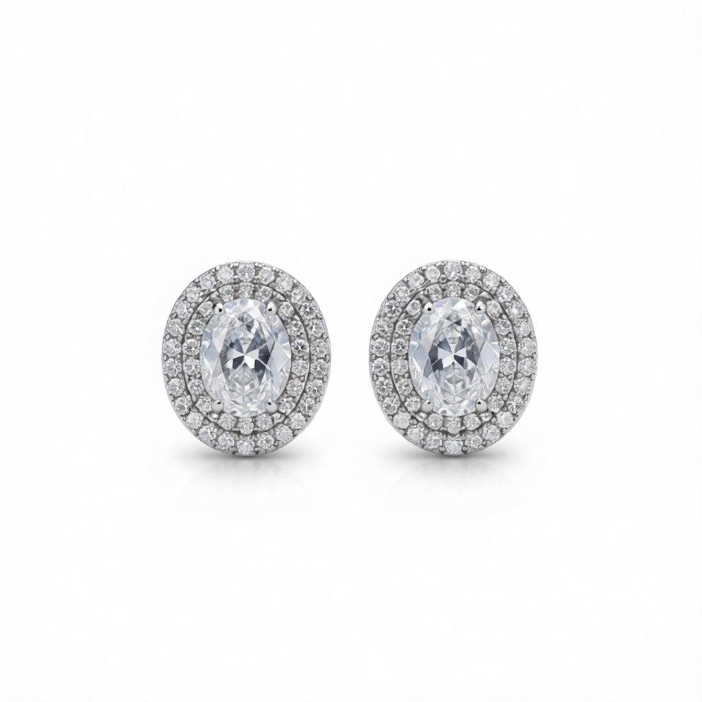 Crystal and Cubic Zirconia Halo Oval Stud Earrings, stud earrings for women, botanical inspired, side view