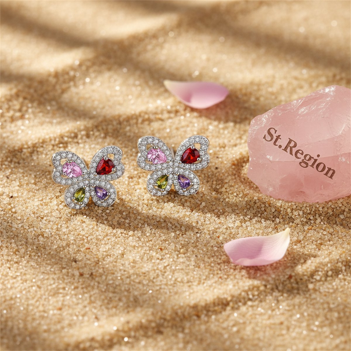 Pink Crystal and Clear Cubic Zirconia Butterfly Stud Earrings, cubic zirconia stud earrings for women, detail close-up