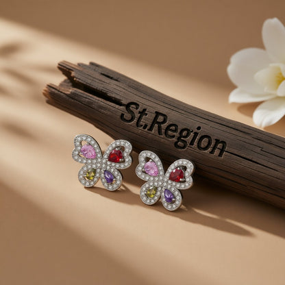 Pink Crystal and Clear Cubic Zirconia Butterfly Stud Earrings, cubic zirconia stud earrings for women, front view