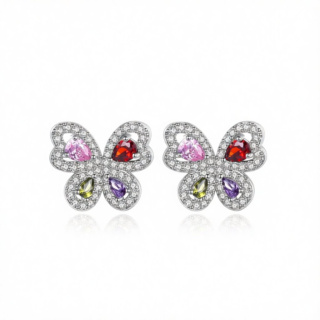 Pink Crystal and Clear Cubic Zirconia Butterfly Stud Earrings, cubic zirconia stud earrings for women, side view