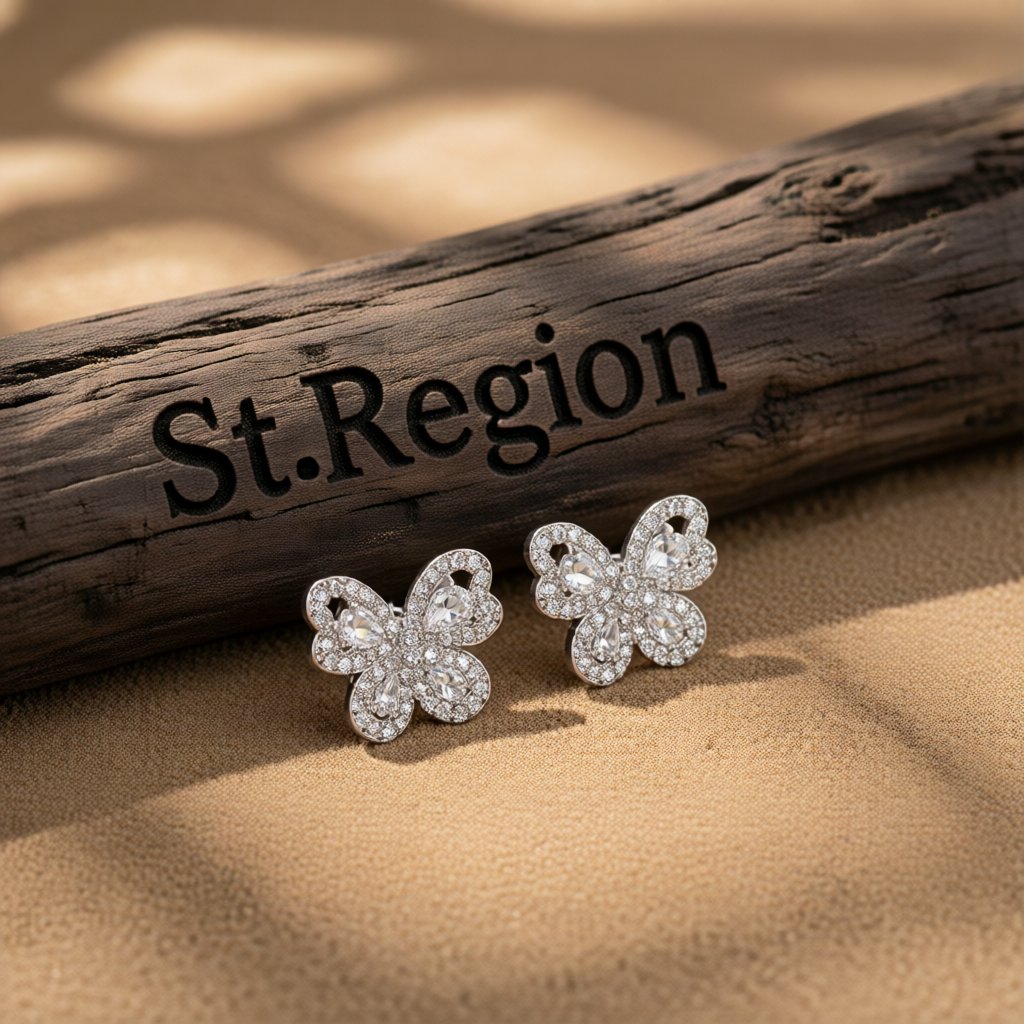 Crystal and Clear Cubic Zirconia Butterfly Stud Earrings, stud earrings for women, botanical inspired, front view