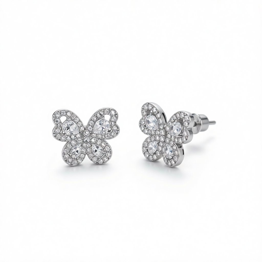 Crystal and Clear Cubic Zirconia Butterfly Stud Earrings, stud earrings for women, botanical inspired, side view