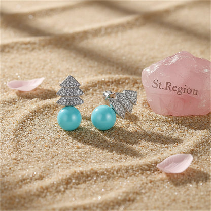 Blue Pearl and Cubic Zirconia Christmas Tree Stud Earrings, drop earrings for women, everyday style, detail close-up