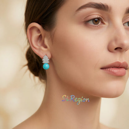 Blue Pearl and Cubic Zirconia Christmas Tree Stud Earrings, drop earrings for women, everyday style, styled look