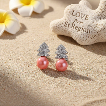 Pink Pearl and Cubic Zirconia Christmas Tree Stud Earrings, drop earrings for women, lifestyle look