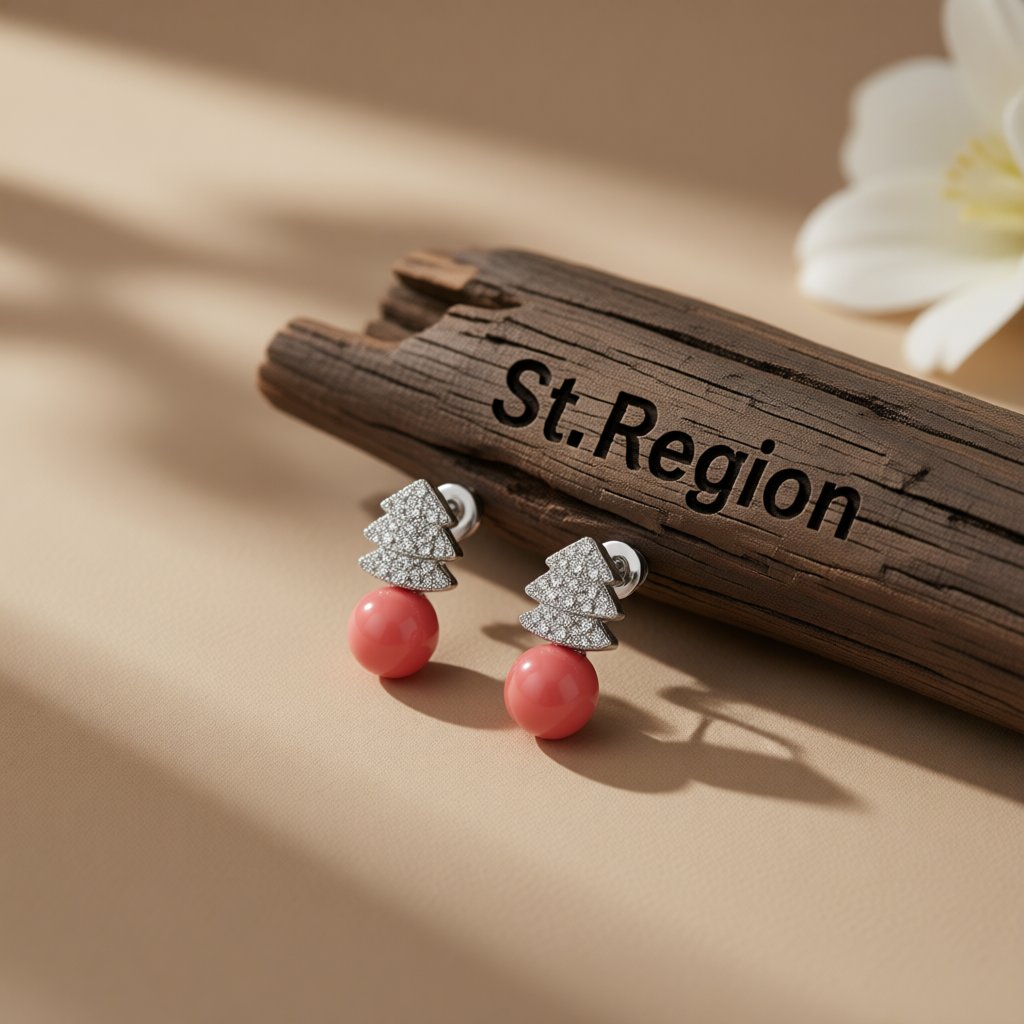 Pink Pearl and Cubic Zirconia Christmas Tree Stud Earrings, drop earrings for women, front view