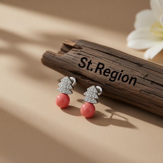 Pink Pearl and Cubic Zirconia Christmas Tree Stud Earrings, drop earrings for women, front view