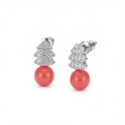 Pink Pearl and Cubic Zirconia Christmas Tree Stud Earrings, drop earrings for women, dainty minimalist design, side view