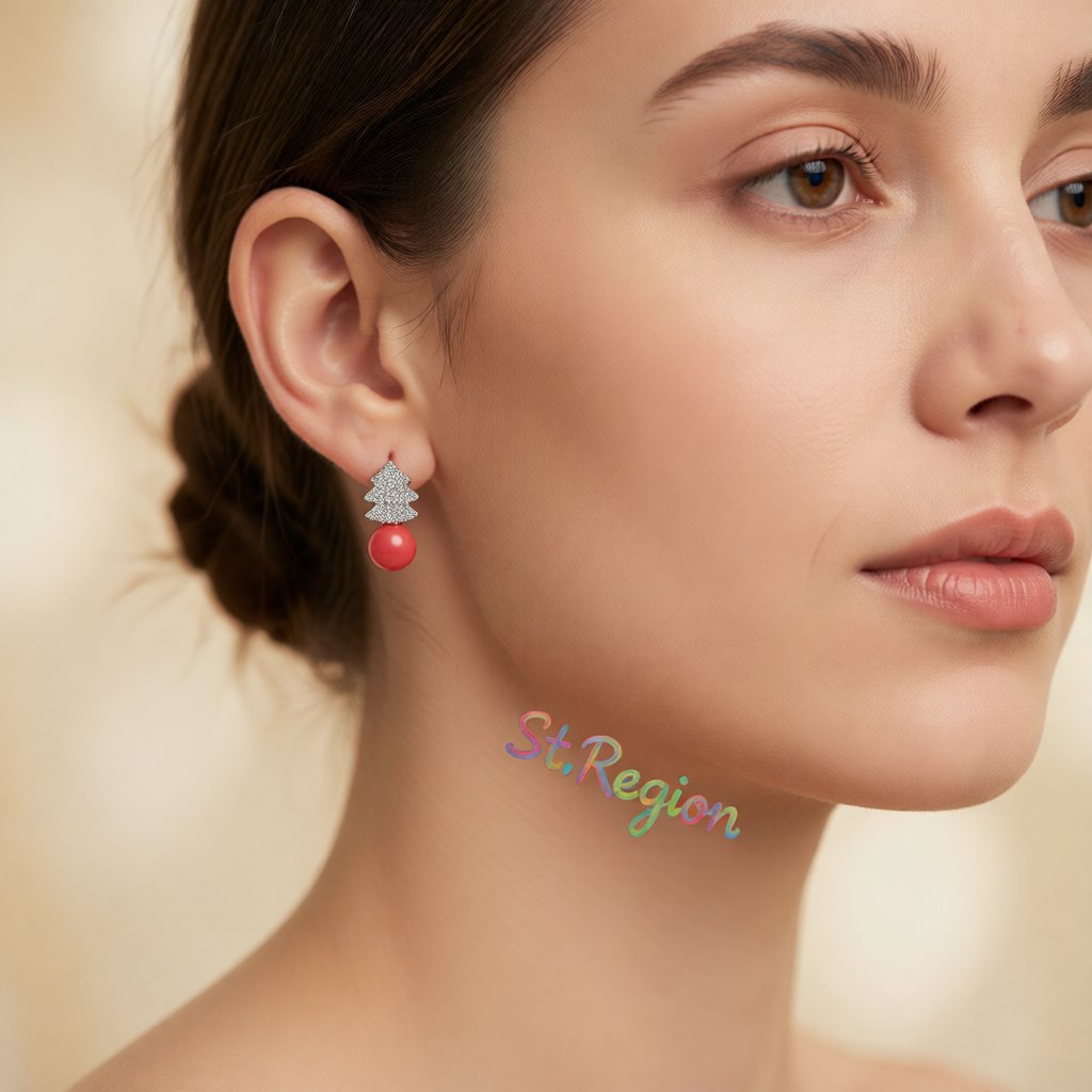 Pink Pearl and Cubic Zirconia Christmas Tree Stud Earrings, drop earrings for women, styled look