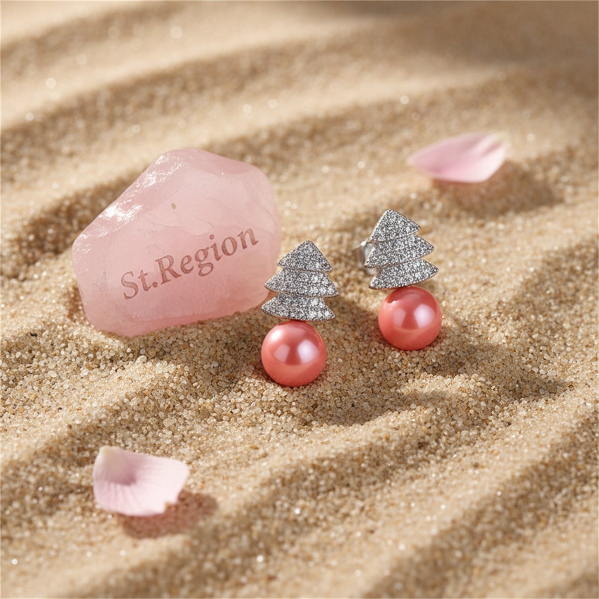 Pink Pearl and Cubic Zirconia Christmas Tree Stud Earrings, drop earrings for women, detail close-up