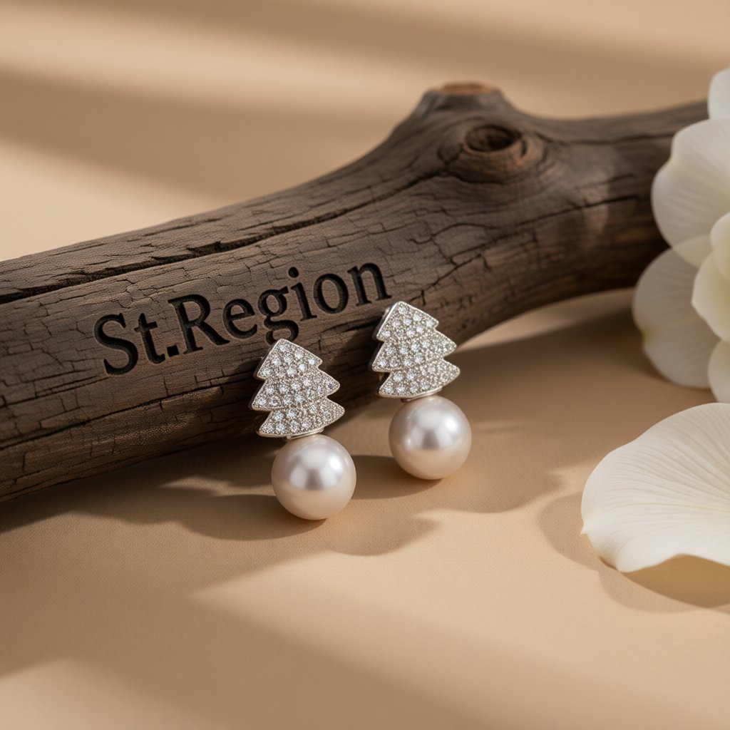 Pearl and Cubic Zirconia Evergreen Tree Stud Earrings, drop earrings for women, elegant gift for her, front view