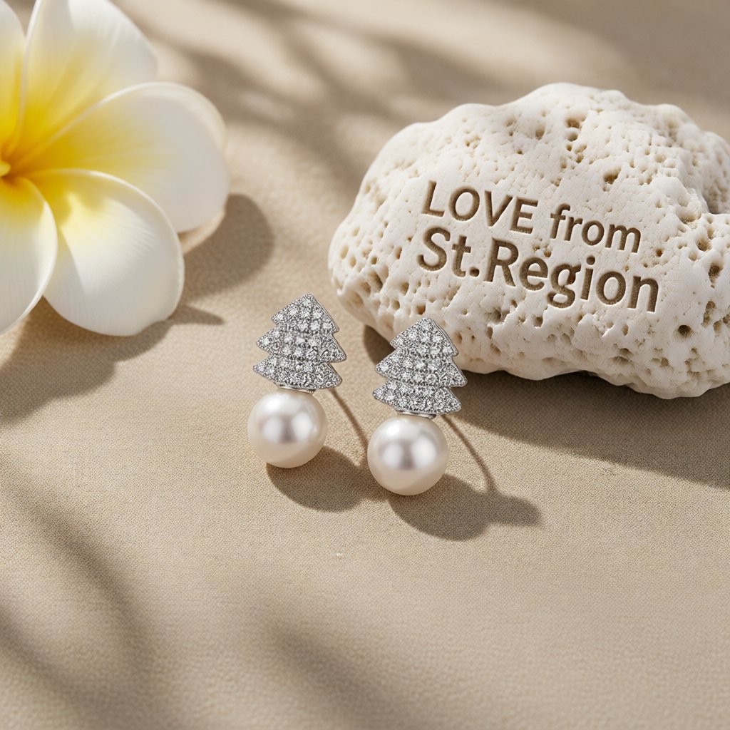 Pearl and Cubic Zirconia Evergreen Tree Stud Earrings, drop earrings for women, elegant gift for her, lifestyle look
