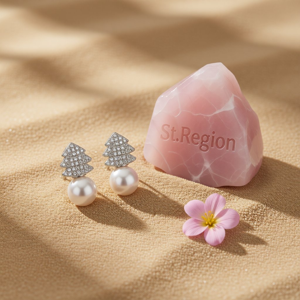 Pearl and Cubic Zirconia Evergreen Tree Stud Earrings, drop earrings for women, elegant gift for her, detail close-up