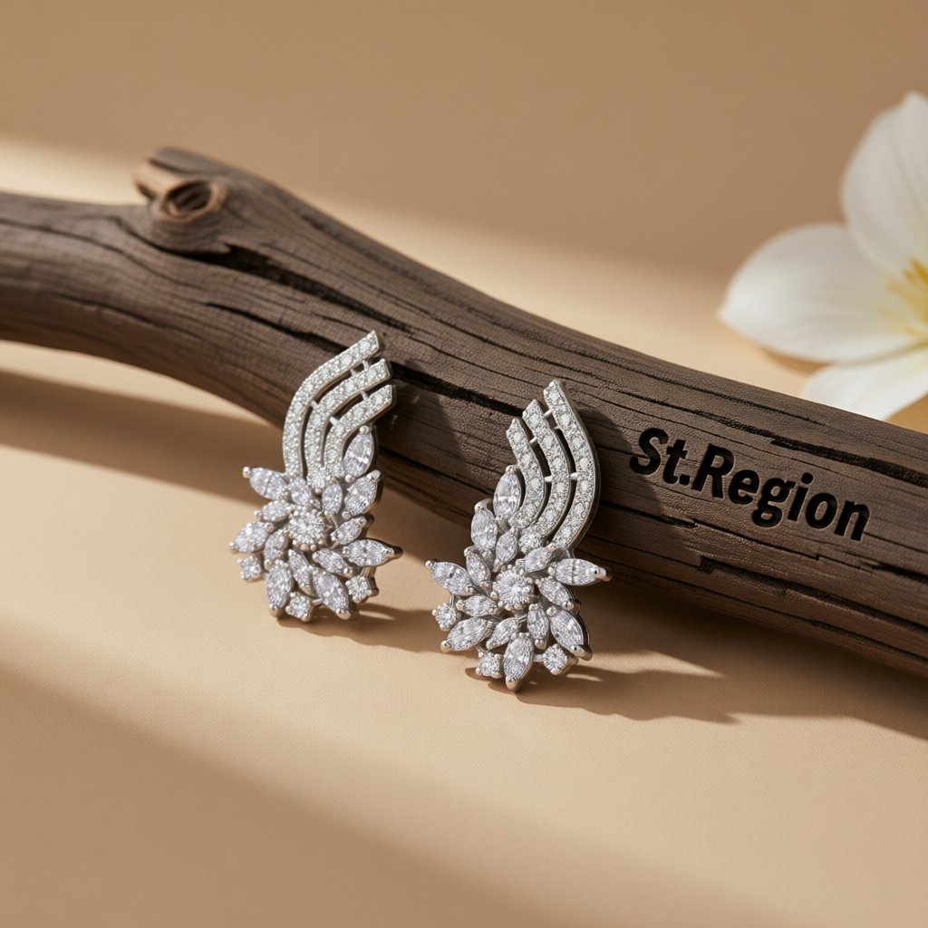 Crystal and Cubic Zirconia Flower Cluster Stud Earrings, stud earrings for women, botanical inspired, front view