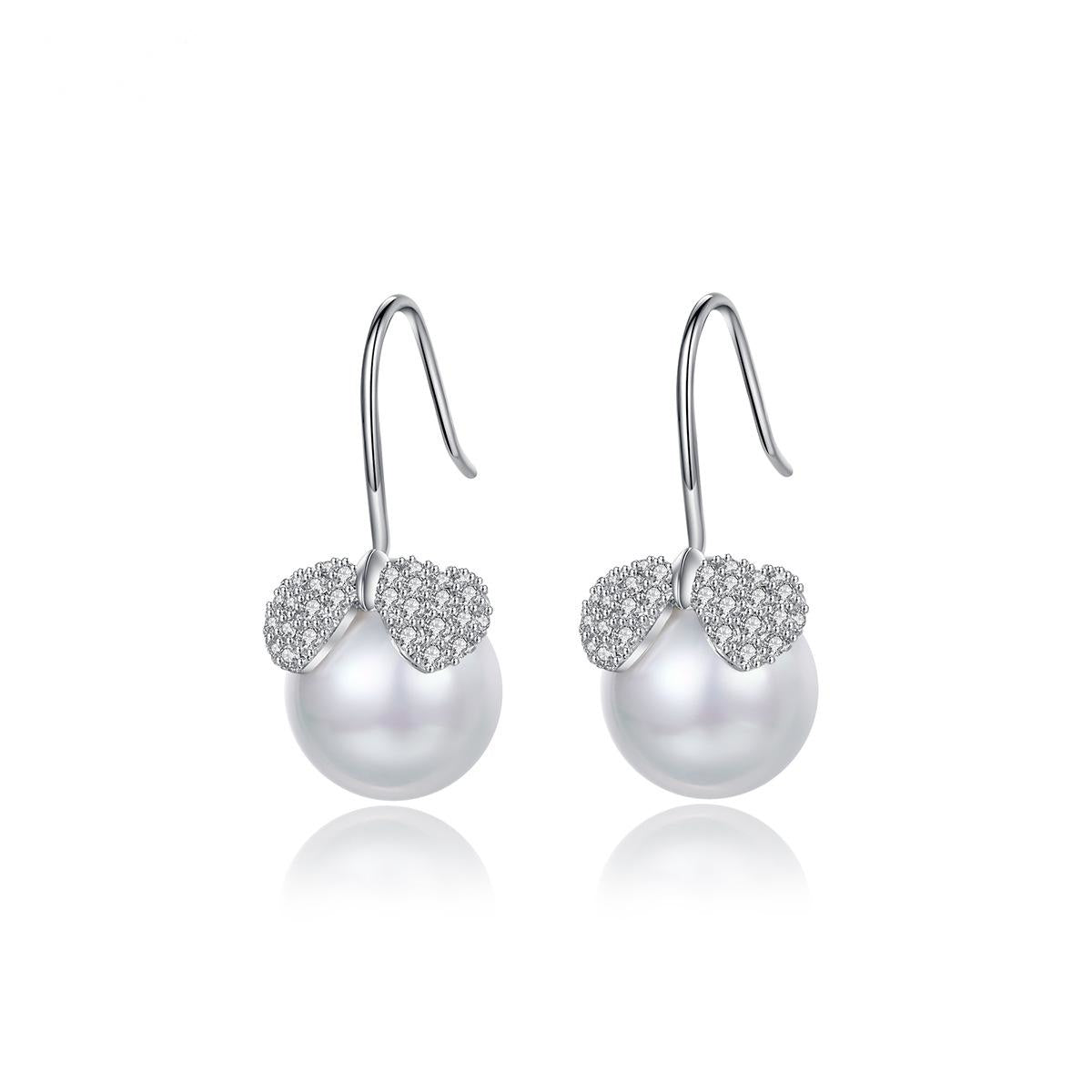 Cubic Zirconia and Pearl Silver-Plated Heart Leaf Drop Earrings, silver drop earrings for women, everyday style, side view