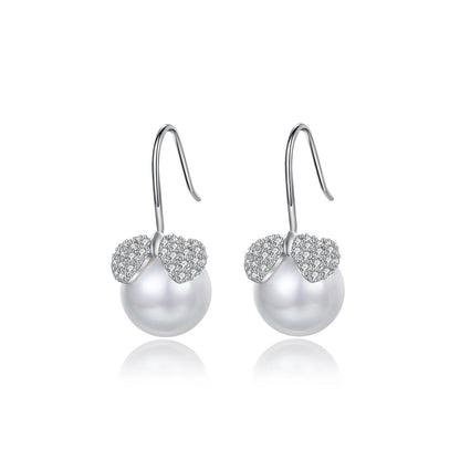 Cubic Zirconia and Pearl Silver-Plated Heart Leaf Drop Earrings, silver drop earrings for women, everyday style, side view
