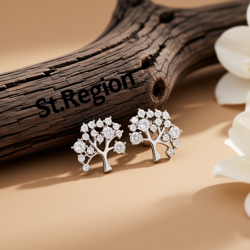 Cubic Zirconia and Silver-Plated Tree Stud Earrings, cubic zirconia stud earrings for women, everyday style, front view