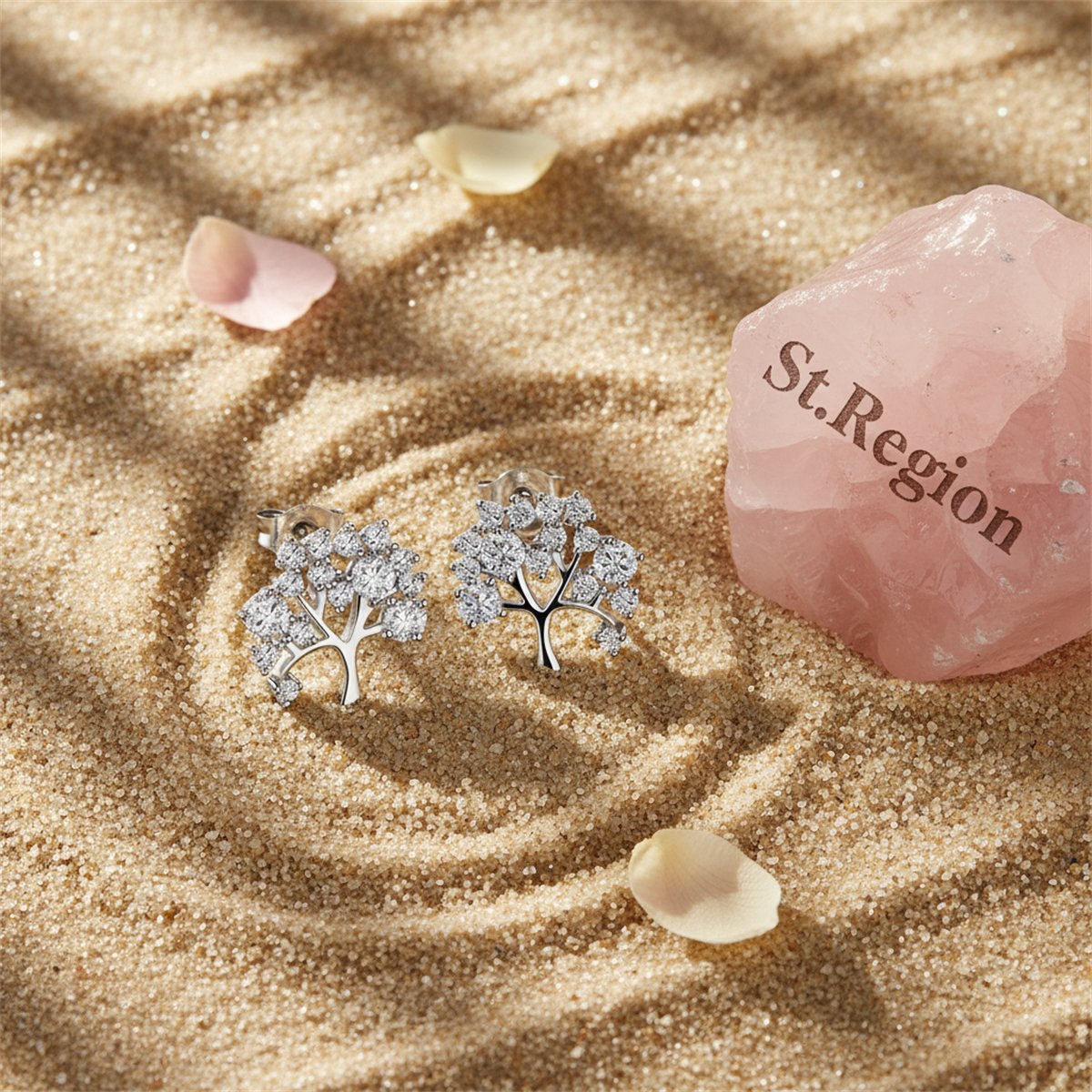 Cubic Zirconia and Silver-Plated Tree Stud Earrings, cubic zirconia stud earrings for women, everyday style, detail close-up