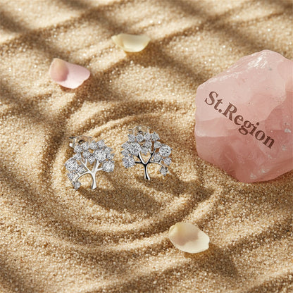 Cubic Zirconia and Silver-Plated Tree Stud Earrings, cubic zirconia stud earrings for women, everyday style, detail close-up