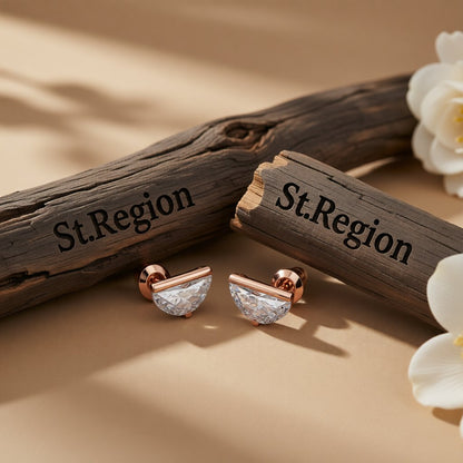 Clear Crystal and 18K Rose Gold-Plated Half-Circle Stud Earrings, rose gold stud earrings for women, front view
