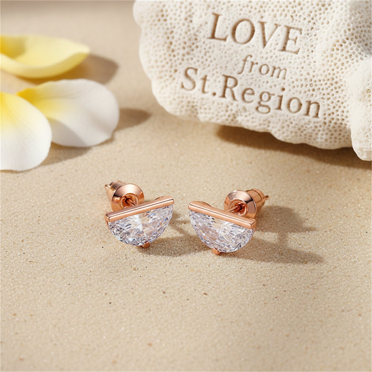 Clear Crystal and 18K Rose Gold-Plated Half-Circle Stud Earrings, rose gold stud earrings for women, lifestyle look