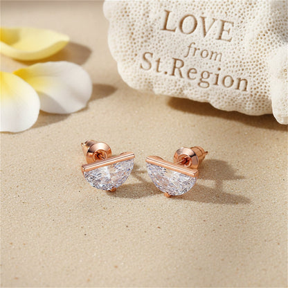 Clear Crystal and 18K Rose Gold-Plated Half-Circle Stud Earrings, rose gold stud earrings for women, lifestyle look
