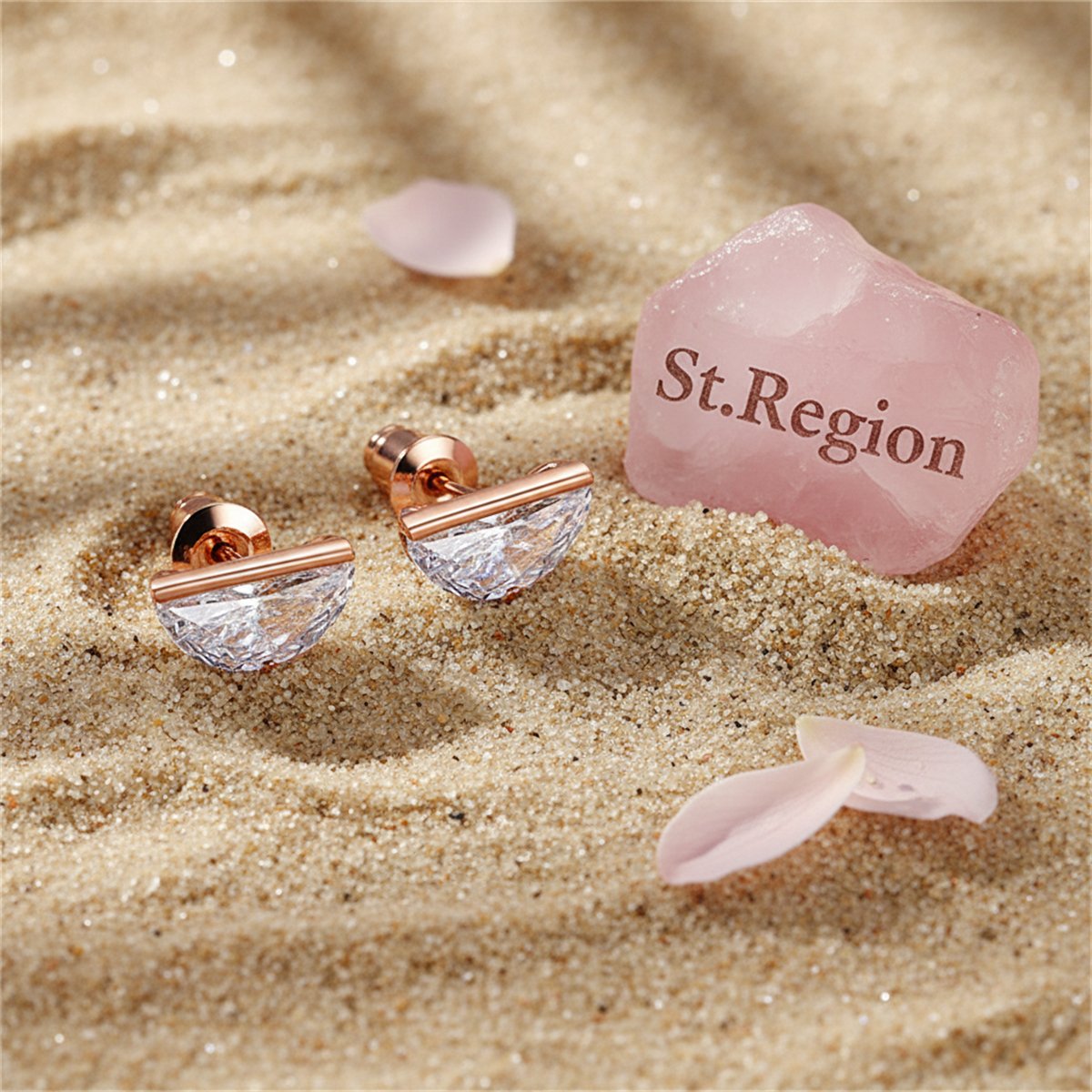 Clear Crystal and 18K Rose Gold-Plated Half-Circle Stud Earrings, rose gold stud earrings for women, detail close-up