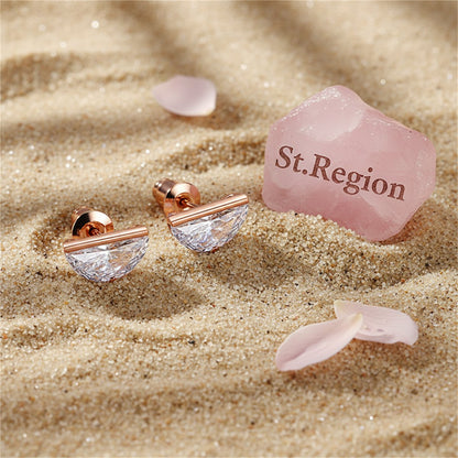 Clear Crystal and 18K Rose Gold-Plated Half-Circle Stud Earrings, rose gold stud earrings for women, detail close-up
