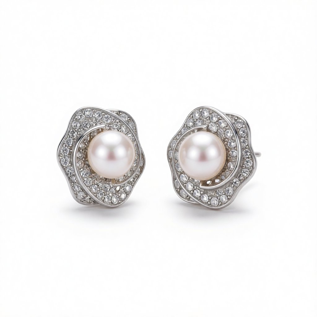Pearl and Cubic Zirconia Silver-Plated Blossom Stud Earrings, cubic zirconia stud earrings for women, side view