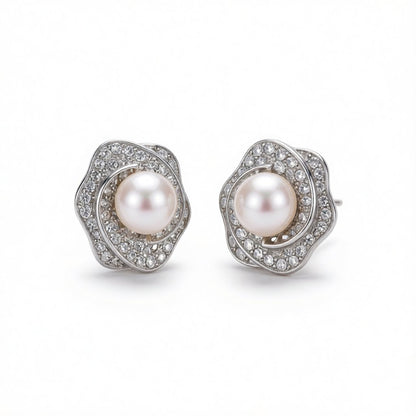 Pearl and Cubic Zirconia Silver-Plated Blossom Stud Earrings, cubic zirconia stud earrings for women, side view